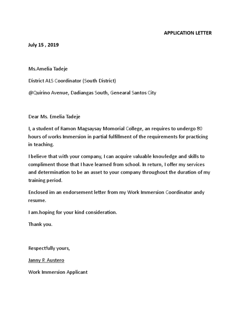 Work Immersion Application Letter | PDF | Lifestyle