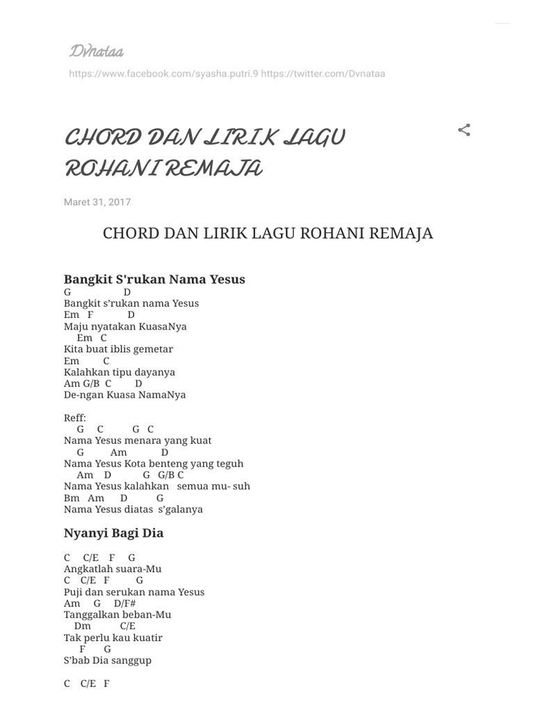 Chord Dan Lirik Lagu Rohani Remaja