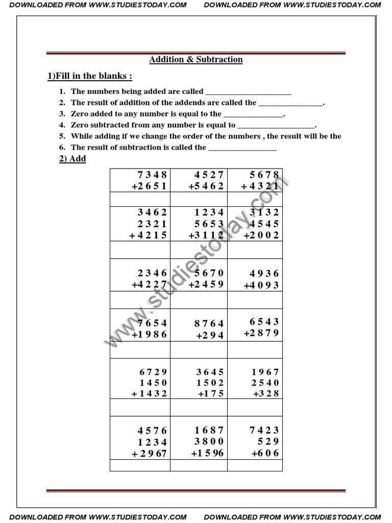 Class 3 Addition & Subtraction Practice | PDF | Abstract Algebra | Algebra
