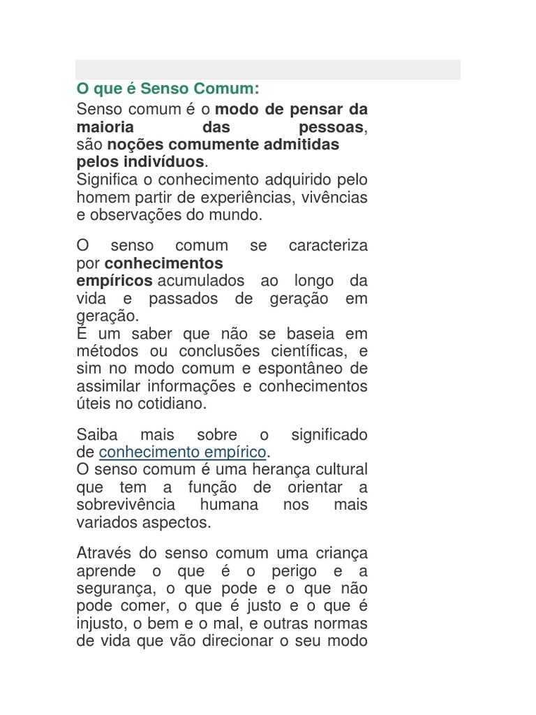 O Que É Senso Comum | PDF | Bom senso | Conhecimento