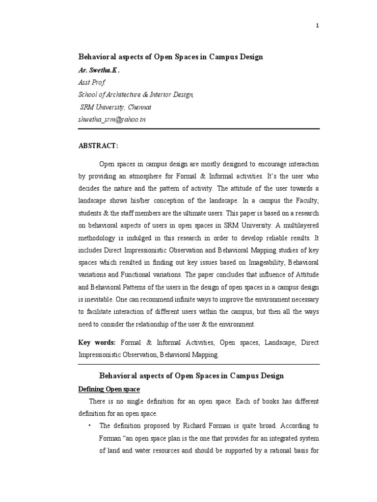 Behavioral Aspects of Campus Open Spaces | PDF | Landscape | Parks