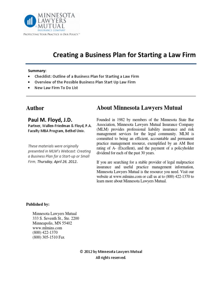 Creating A Business Plan For Starting A Law Firm Author Paul M. Floyd