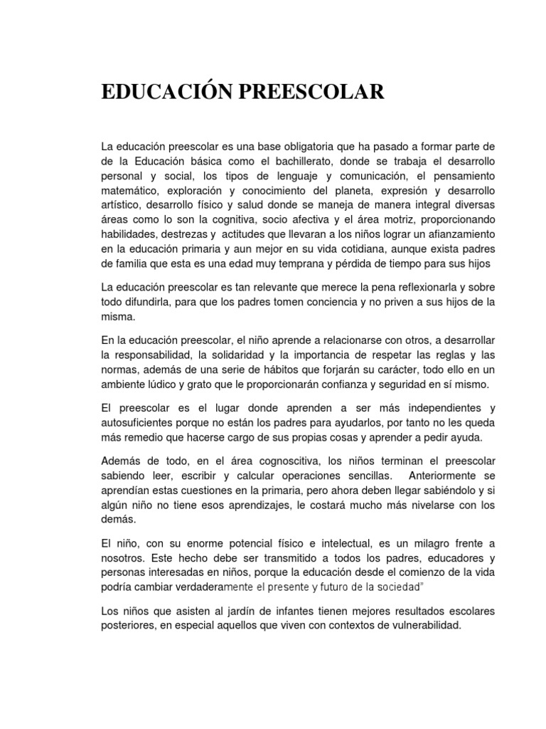 Educacion Preescolar | PDF | Educación de la primera infancia | Aprendizaje