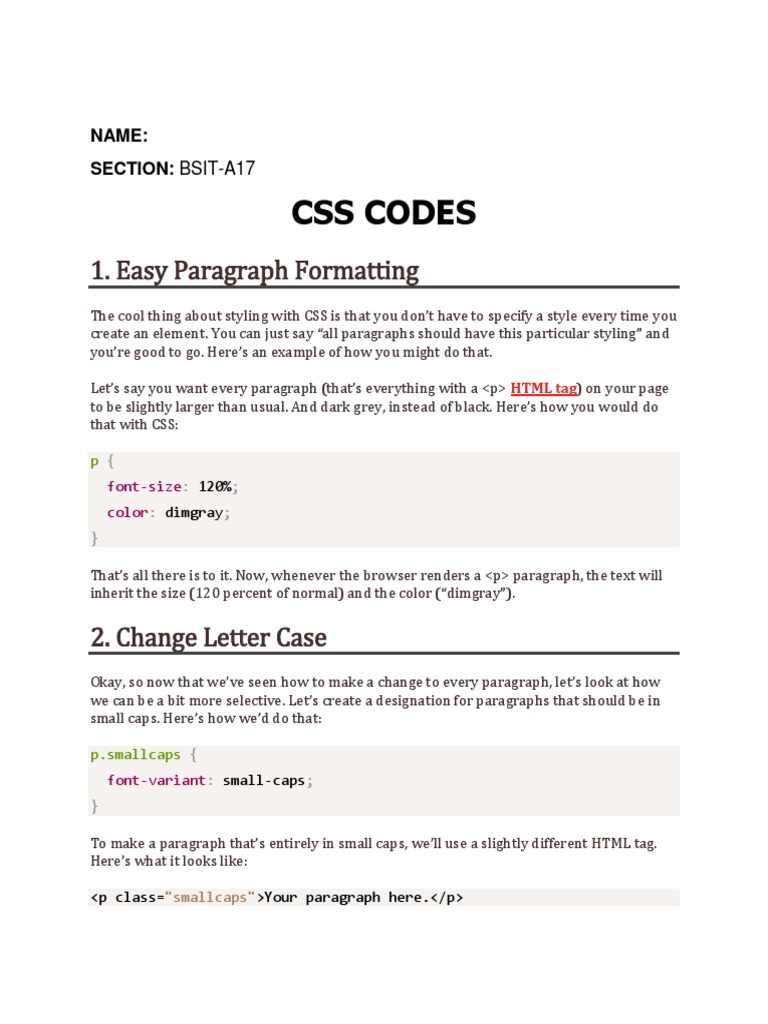 Css Codes: 1. Easy Paragraph Formatting | PDF | Cascading Style Sheets ...
