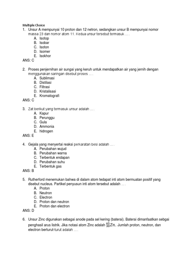 Soal Uts Kimia Kelas X