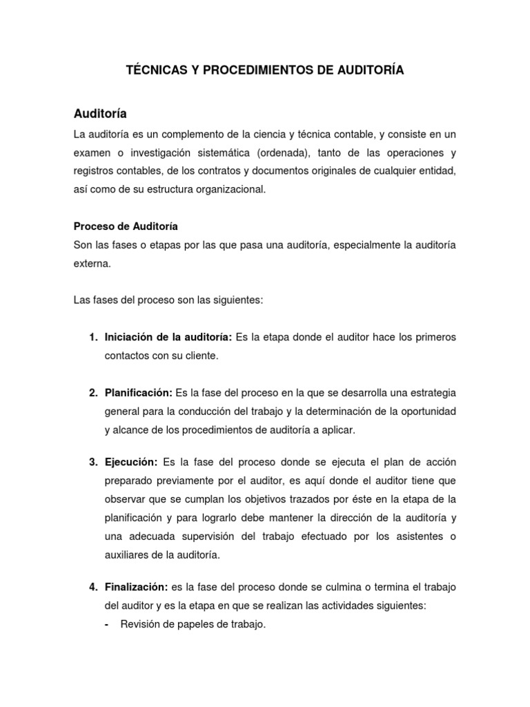 Técnicas Y Procedimientos De Auditoría Pdf Auditoría Contralor