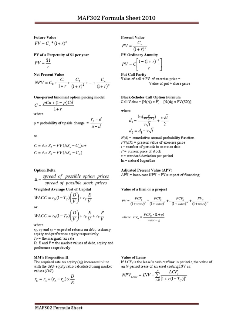 MAF302 Corporate Finance Formula Sheet | PDF | Financial Accounting ...