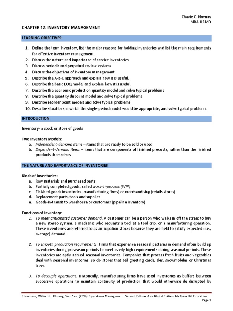 Chapter 12 Inventory Management Learning Objectives PDF Inventory