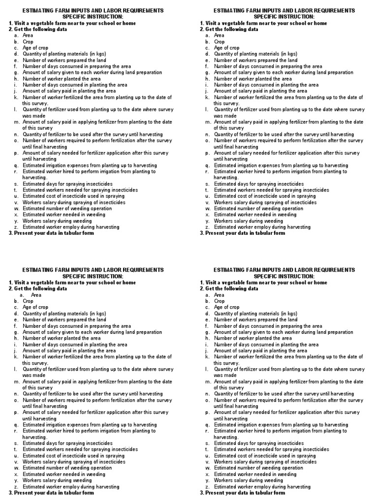 Estimating Farm Inputs and Labor Requirements Specific Instructions