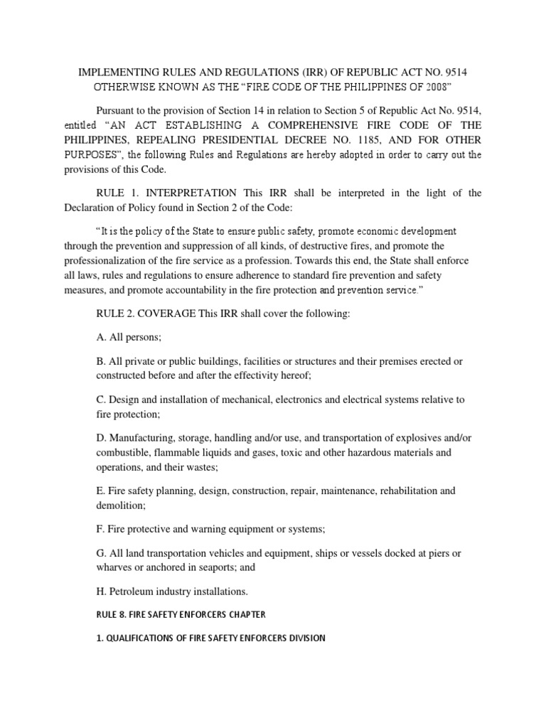 Implementing Rules and Regulations PD 9514 S 2008 PDF Fire Safety