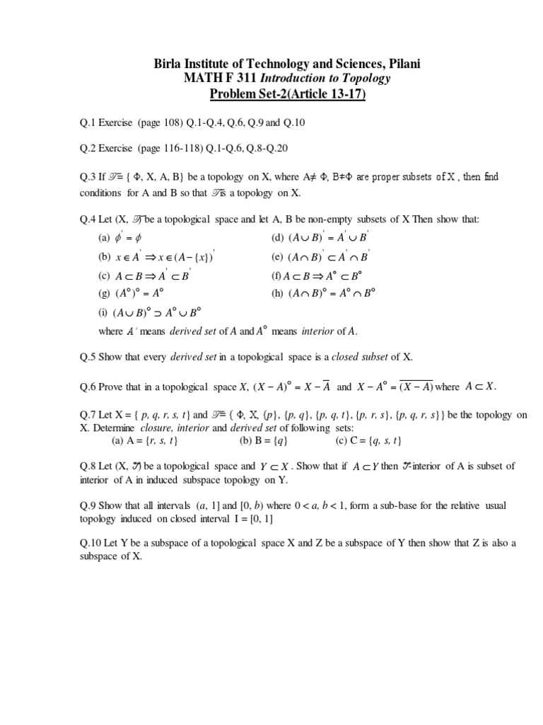 Topology Problem Set Solutions BITS Pilani | PDF