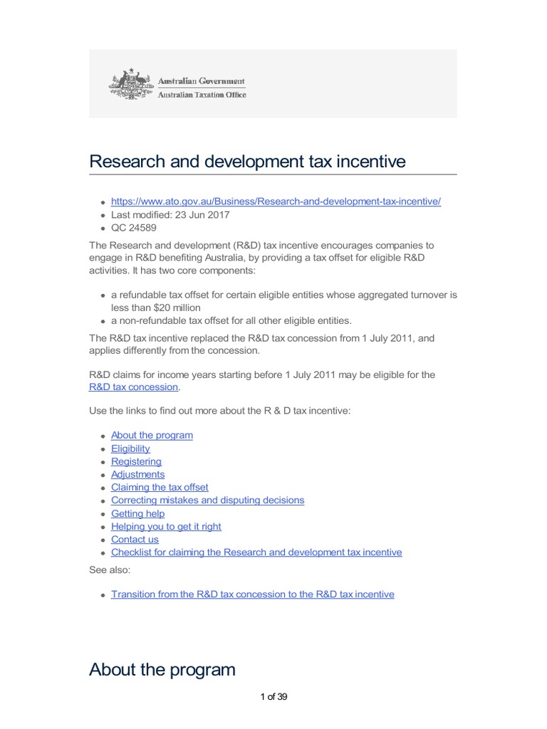 ATO - Research and Development Tax Incentive | PDF | Tax Deduction ...