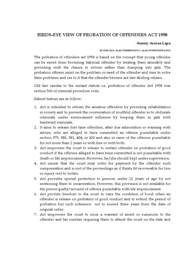 Features of Probation of Offender Act