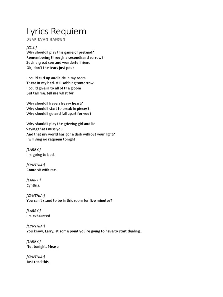 Lyrics Requiem Dear Evan Hansen