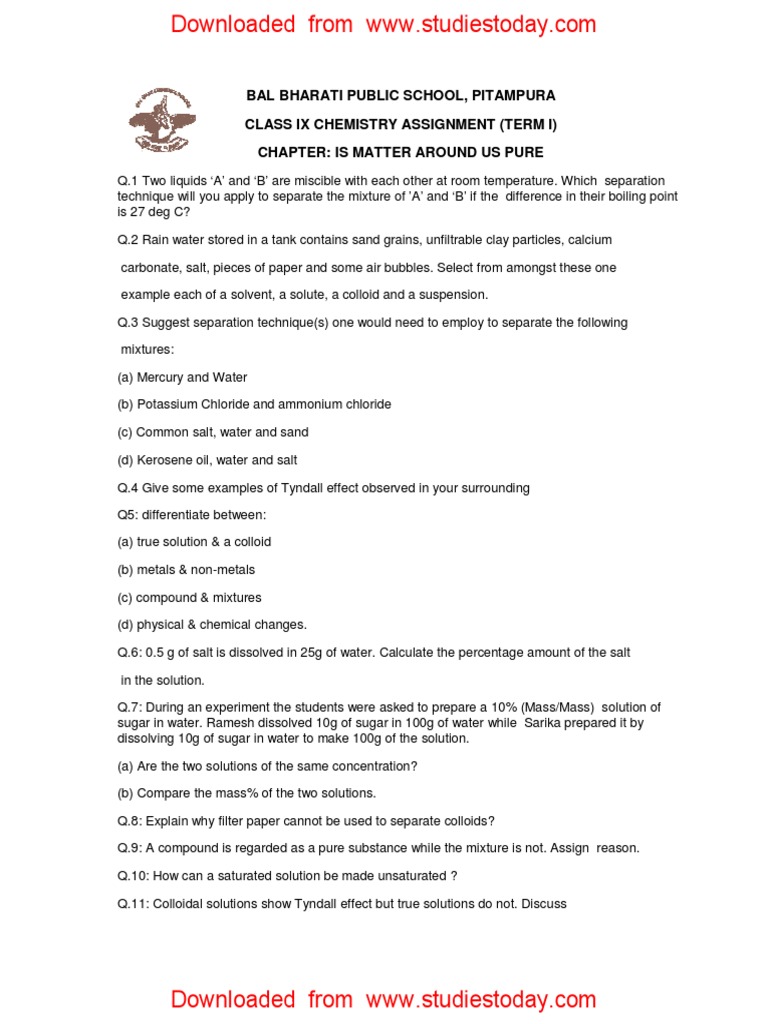 CBSE Class 25 Chemistry Worksheet - Is Matter Around Us Pure  PDF Inside In School Suspension Worksheet