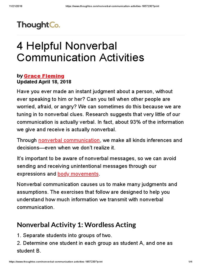 Nonverbal Communication Activities PDF Nonverbal Communication