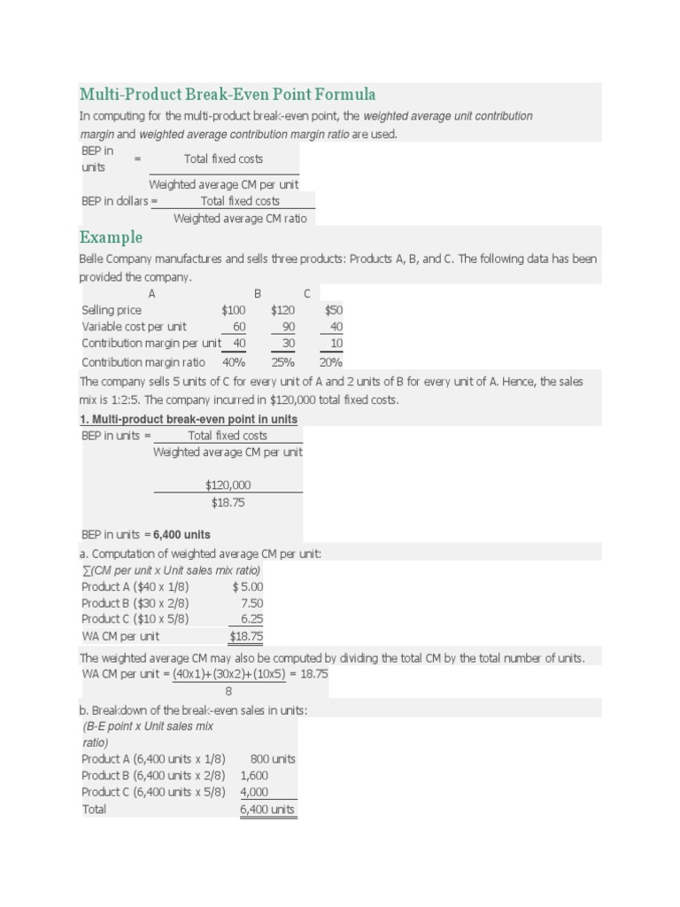 MultiProduct BreakEven Point Formula Margin and Weighted Average Contribution Margin Ratio