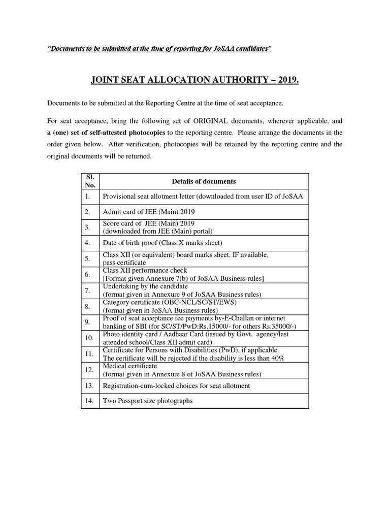 JoSAA Seat Acceptance Documents | PDF