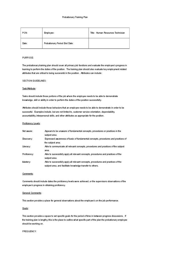 Probationary Training Plan Sample Word Template Pdf Employment