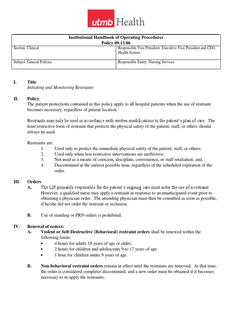 IHOP - 09.13.06 - Initiating and Monitoring Restraints | PDF | Health ...