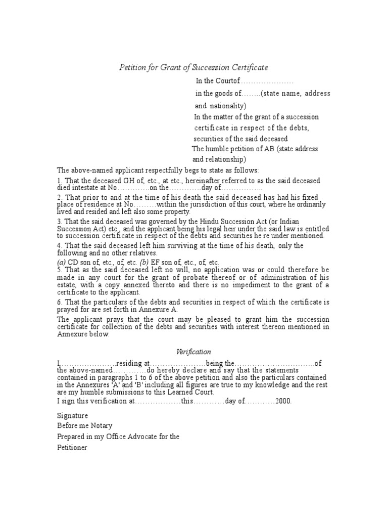Petition For Grant of Succession Certificate-Deeds-Testamentary 
