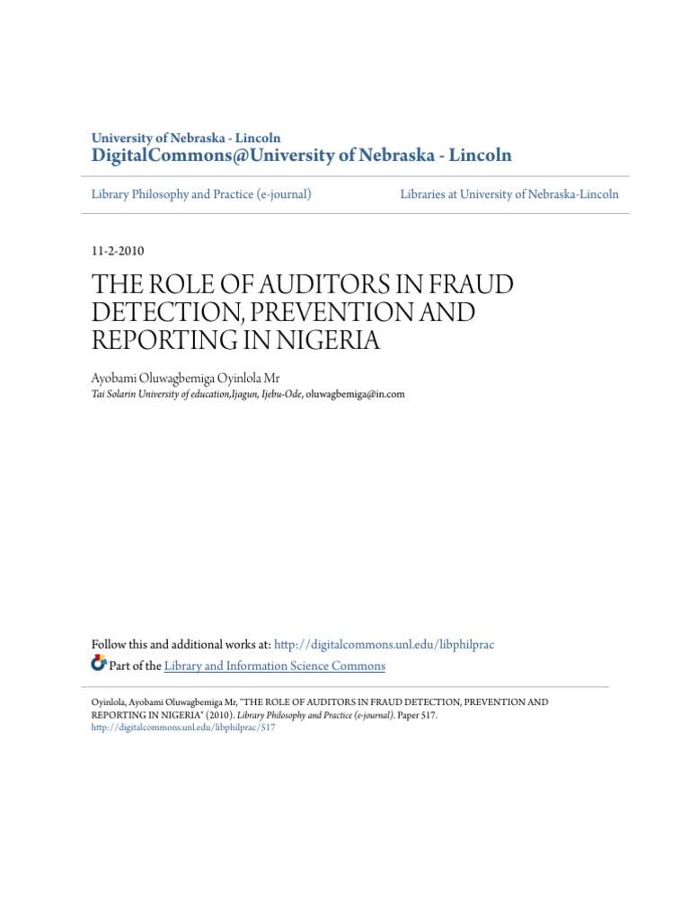 Auditors' Role in Fraud Detection in Nigeria | PDF | Internal Control ...