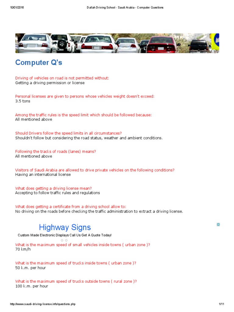 Dallah Driving School Computer Test Guide | PDF | Traffic | Traffic ...
