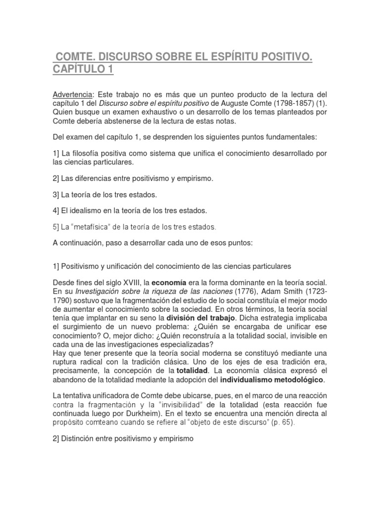 Comte. Discurso Sobre El Espíritu Positivo. Capítulo 1