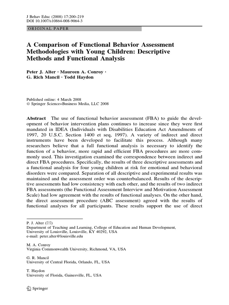 A Comparison of Functional Behavior Assessment Methodologies with Young ...