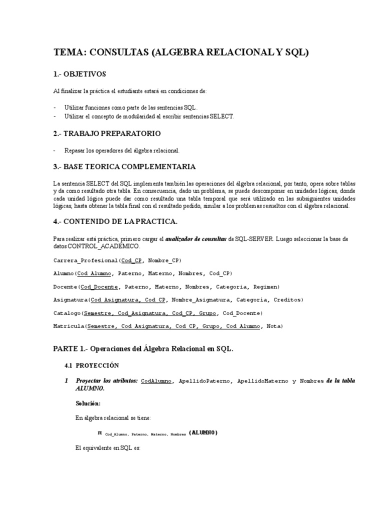 Álgebra Relacional y SQL en Consultas | PDF | SQL | Base de datos ...