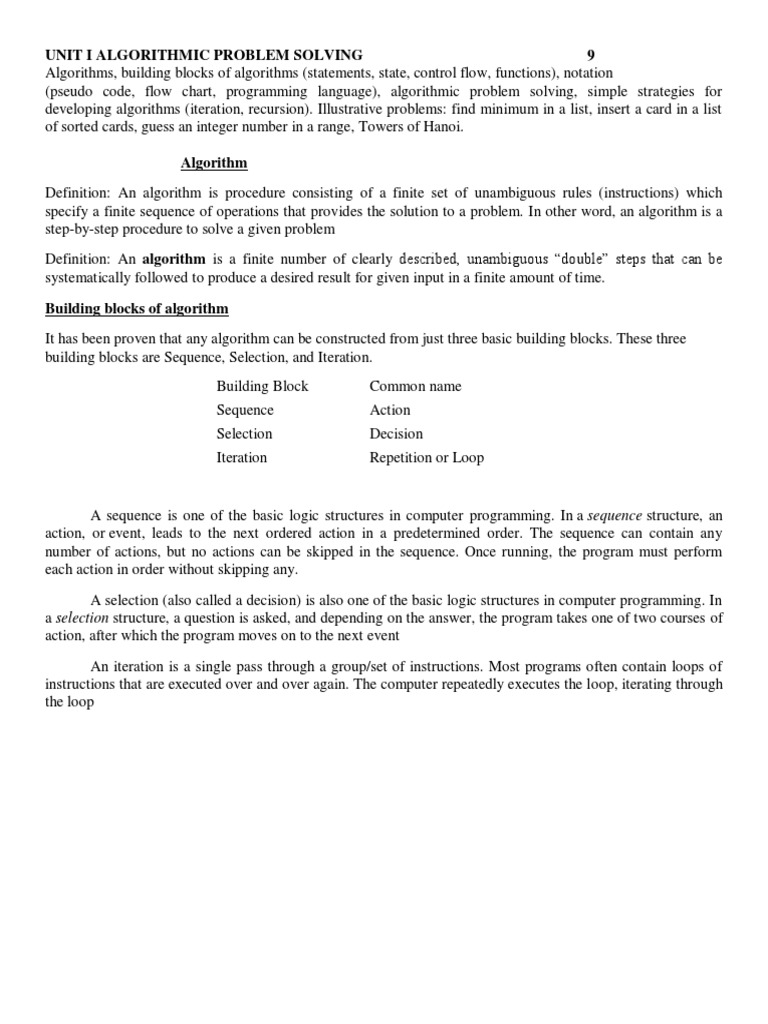 Unit I Algorithmic Problem Solving 9 | PDF | Recursion | Algorithms