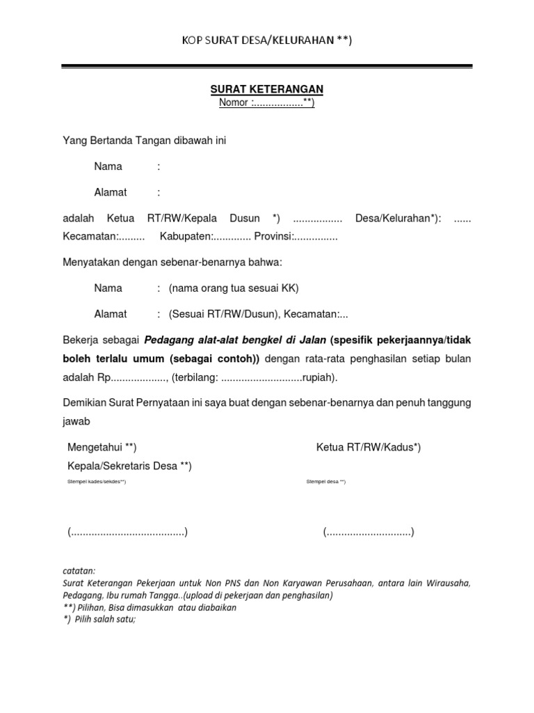 Surat Keterangan Pekerjaan Dan Penghasilan Wirausaha Dan Pedagang