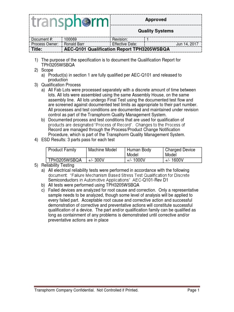 AEC-Q101 Report for TPH3205WSBQA | PDF | Reliability Engineering ...
