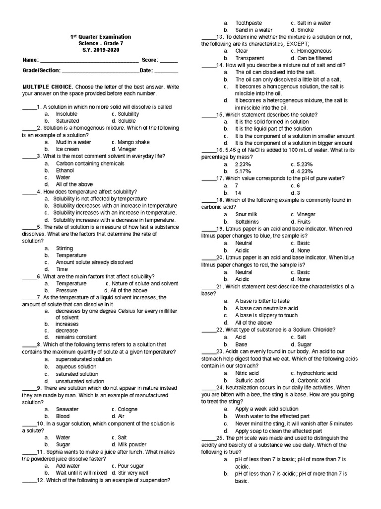 Grade 7 Science 1st Quarter Exam | PDF | Solution | Solubility
