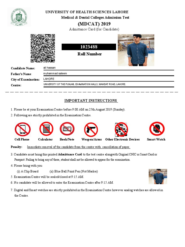 MDCAT 2019 Admittance Card Instructions | PDF