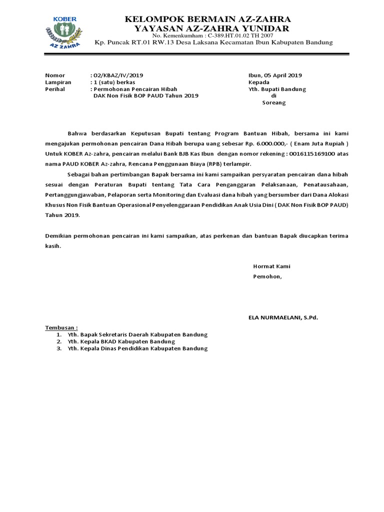 Contoh Surat Permohonan Pencairan Bop Paud Kb Tk