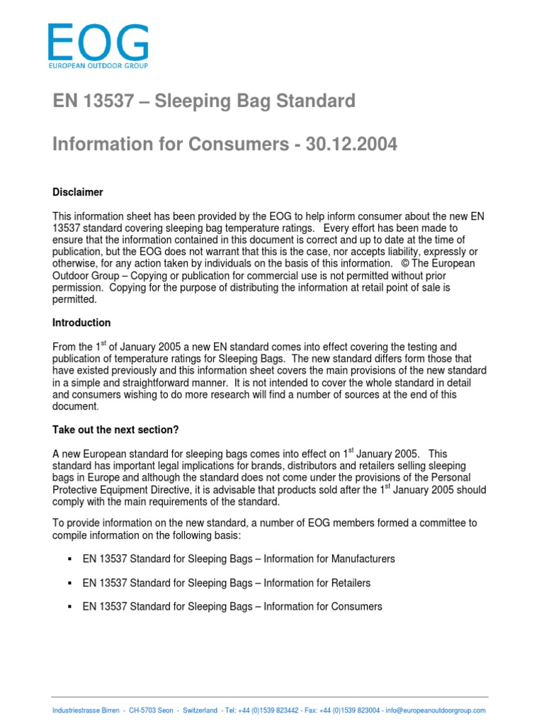 IDFL Standards European Sleeping Bag Labeling Info EN13537