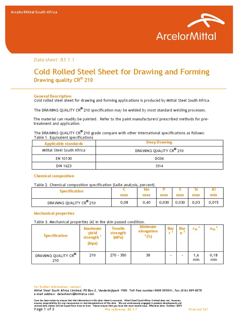 Cold Rolled Steel Sheet For Drawing and Forming | PDF | Rolling ...