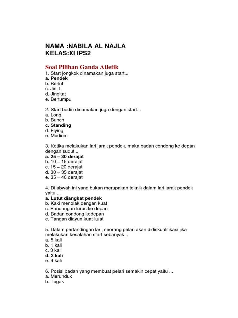 Soal Pilihan Ganda Atletik Bila Docx