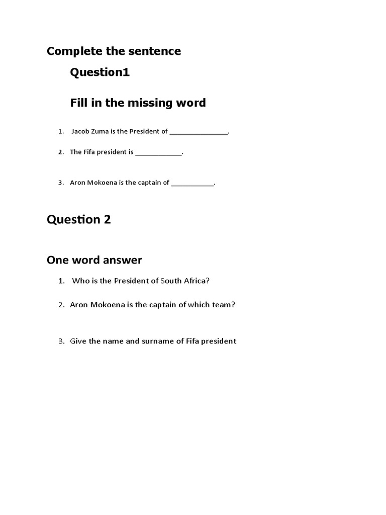 Fill in the Blanks Quiz Questions | PDF