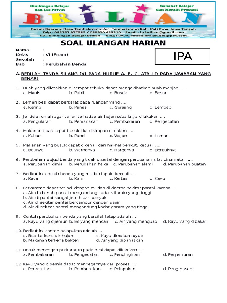 Soal Ipa Kelas 6 Sd Bab 6 Perubahan Benda