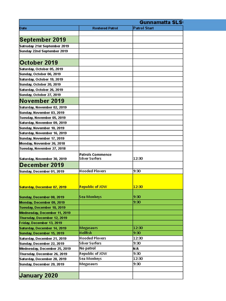 Gunnamatta SLSC Patrol Schedule 2019-20 | PDF | Observances | Religious ...