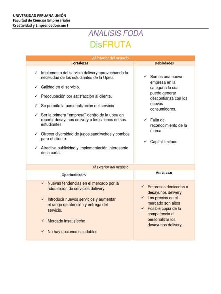 Análisis FODA de DisFRUTA Delivery | PDF | Análisis FODA | Mercado ...