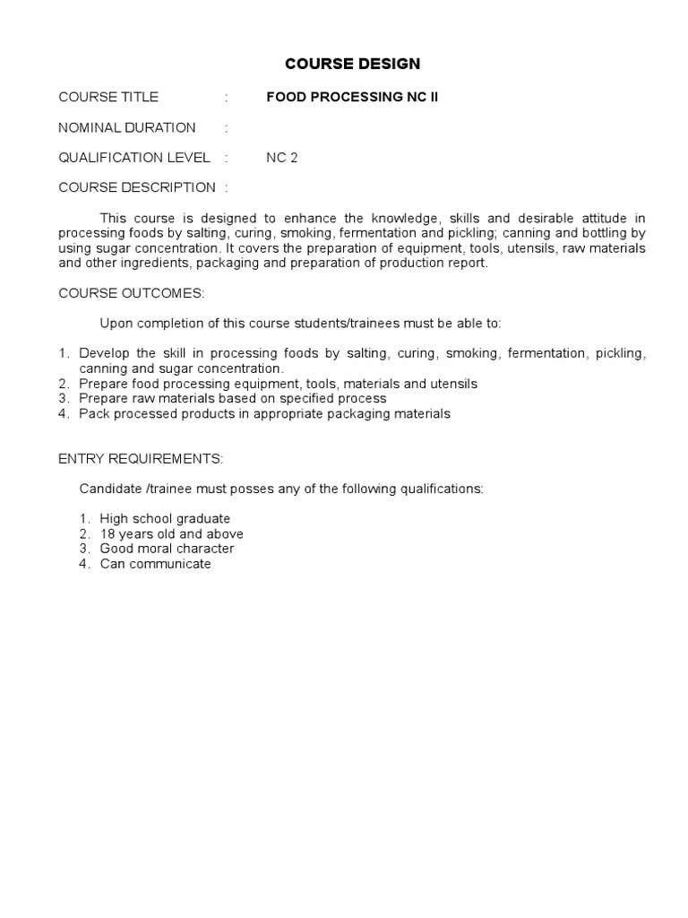 Food Processing NC II PDF Foods Cooking