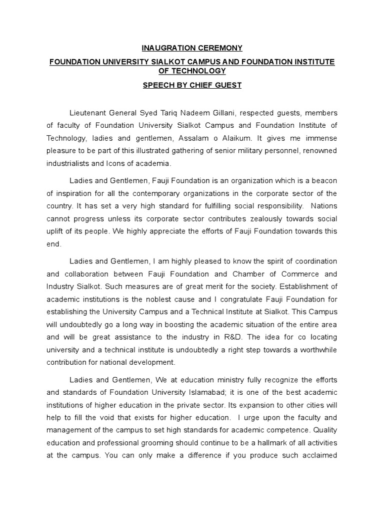 Chief Guest Speech at Foundation University | PDF | Learning | Further ...