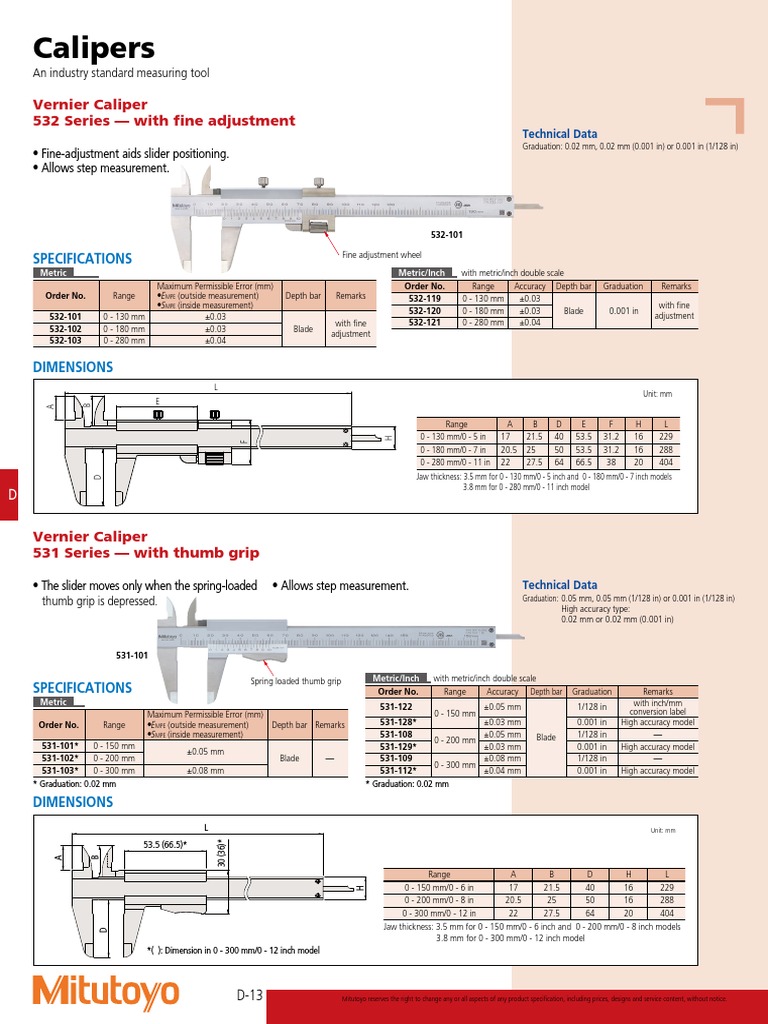 Calipers Vernier Caliper 532 Series With Fine Adjustment PDF Scientific Observation