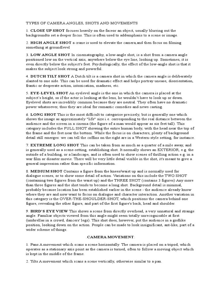 Types of Camera Angles PDF Camera Zoom Lens