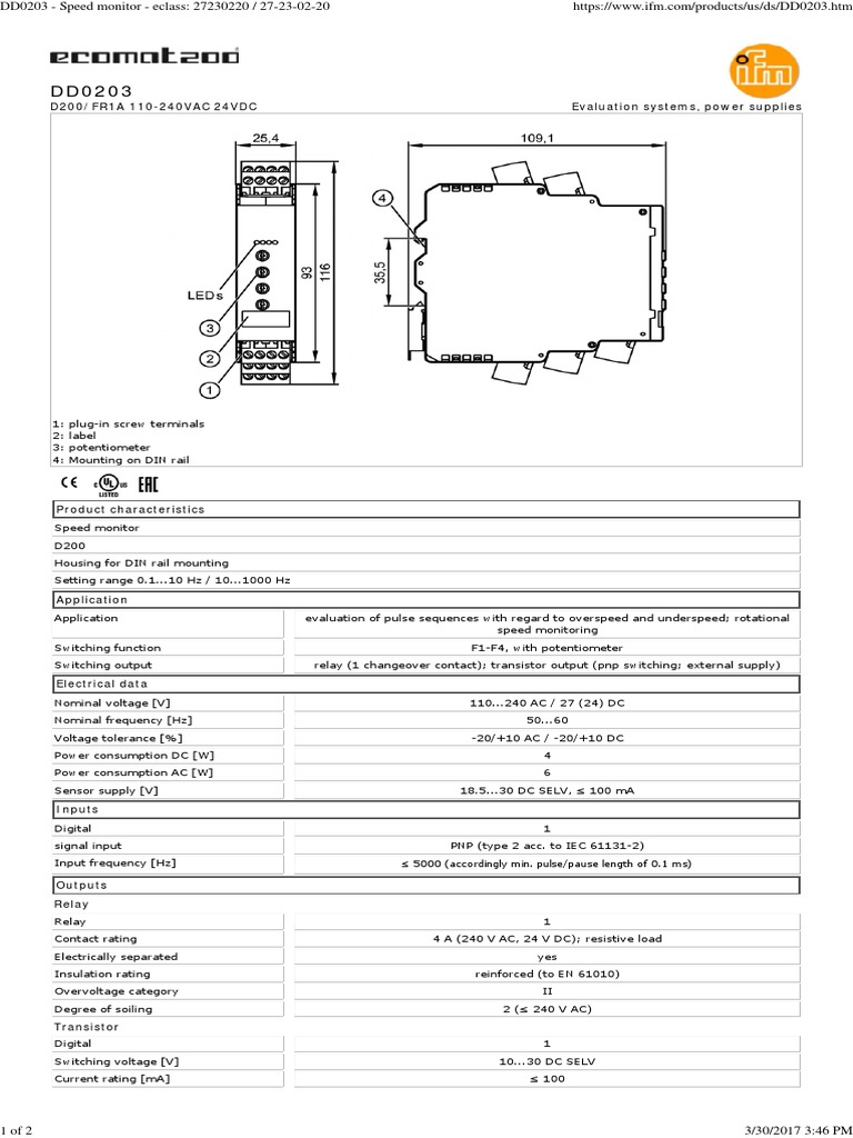 IFM Speed Relay DD0203 Data Sheet PDF Relay Power Supply