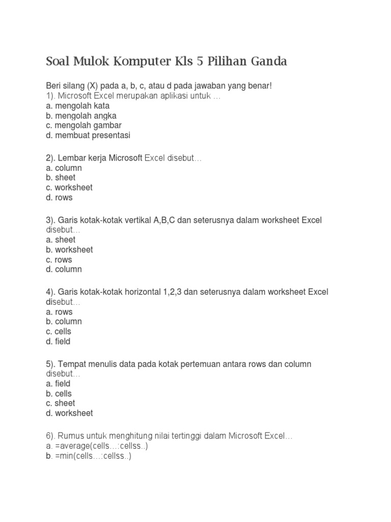 Soal Mulok Komputer Kls 5 Pilihan Ganda Docx