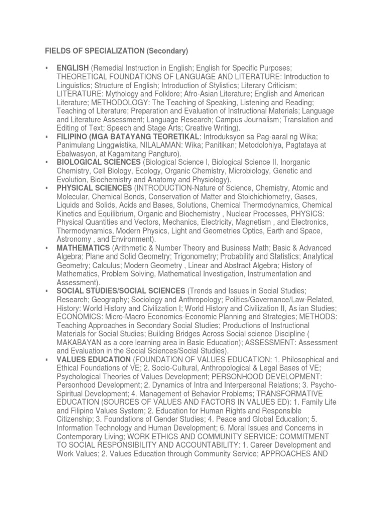 Specializations in Philippine Secondary Education | PDF | Social ...